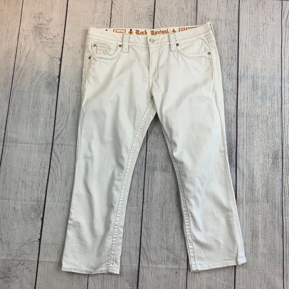 Rock Revival Jeans sz 31 Sundee Easy Crop Inseam 24.5" White Silver Stitching
